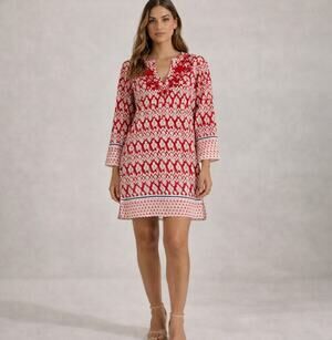 Sundance Red Embroidered Cotton Tunic Dress Ikat Print Boho Beach Coverup S